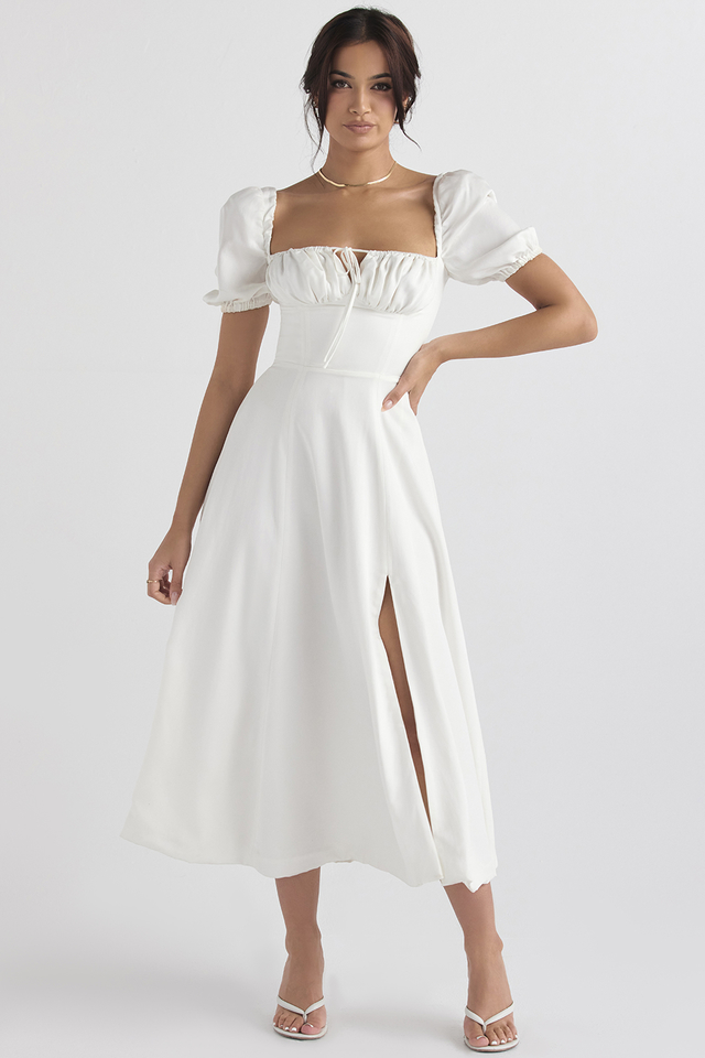 'Tallulah' White Puff Sleeve Midi Sundress